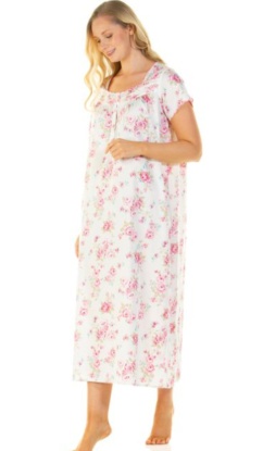 Sue Marks Luxury 100% Combed Cotton Roses Woven Long Length Short Sleeve Nightdress